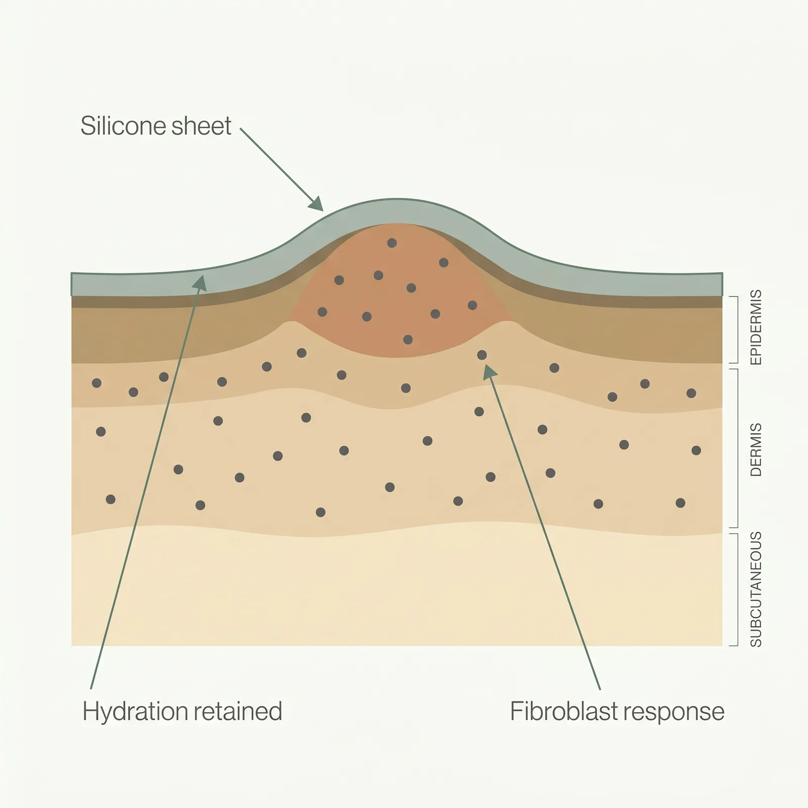 Cross-section of skin showing a translucent silicone sheet laid over a raised scar, with fibroblasts in the dermis beneath.