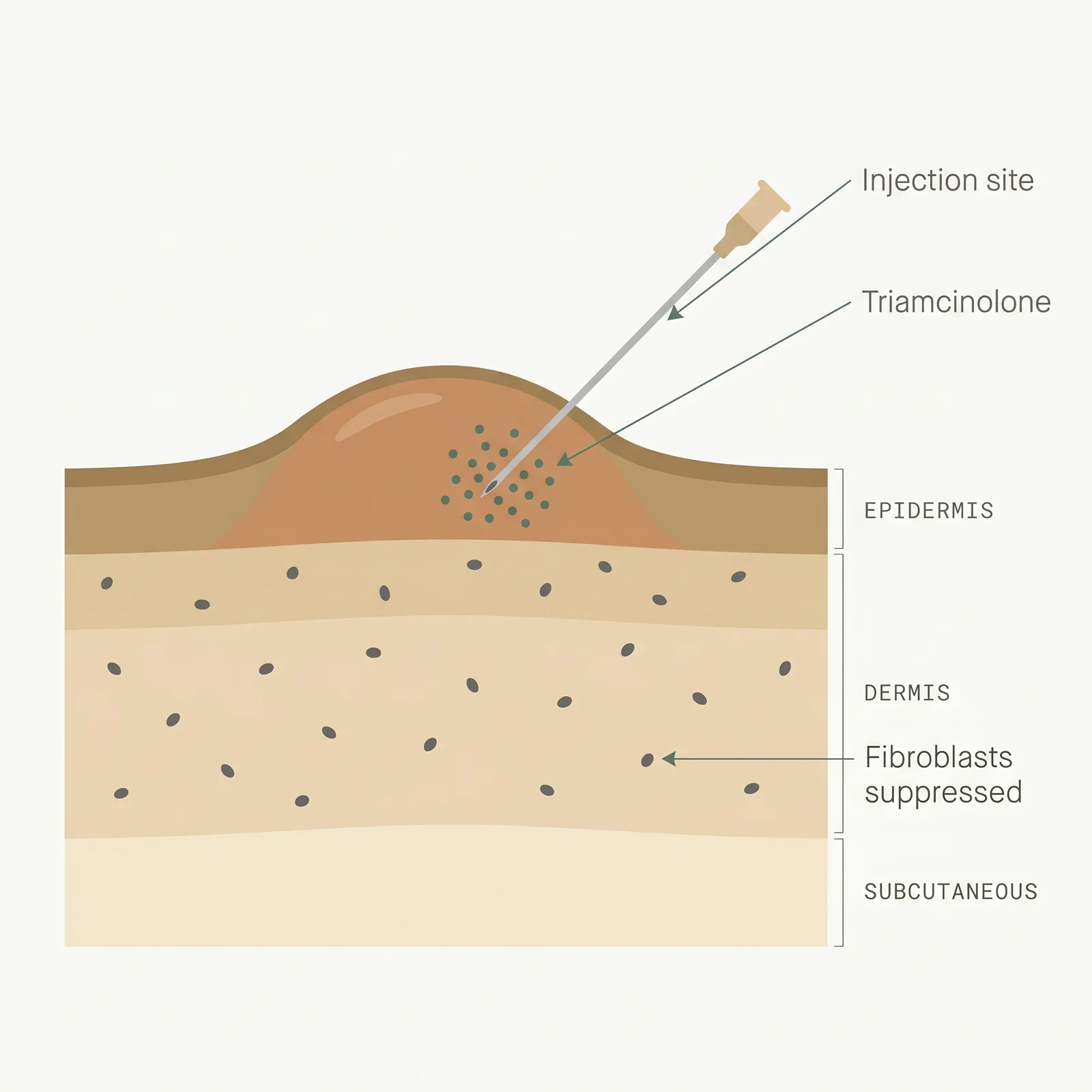Cross-section of skin with a raised keloid. A fine needle enters the scar and releases triamcinolone dispersing through the tissue.
